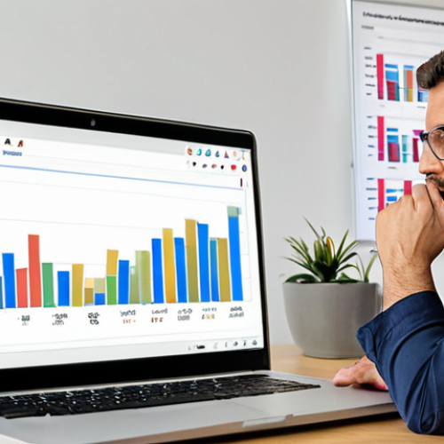 Home 15 **A marketing manager analyzing Google Trends data on a laptop, with charts visualizing consumer trends. The scene is an office setting with a whiteboard displaying marketing strategies, and the manager is looking thoughtfully at the screen.**