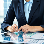 A professional woman, fully clothed in a modest business suit, seated at a sleek modern desk. Her perfect anatomy and well-formed hands, with proper finger count, are positioned naturally over a futuristic transparent touchscreen displaying intricate data streams and filtering visualizations. The background is a blurred, high-tech office environment, suggesting an abundance of digital information. The scene conveys a sense of clarity and organization amidst complex data. This image promotes the concept of effective content curation and information filtering. Natural body proportions, correct proportions, safe for work, appropriate content, appropriate attire, professional dress.