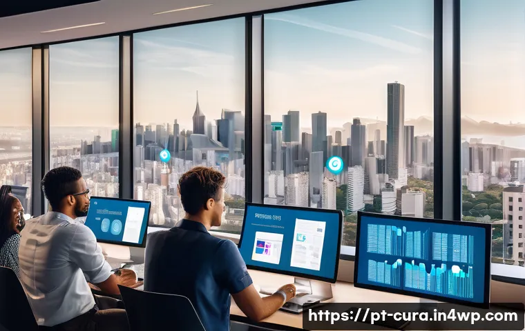 디지털 정보 큐레이션의 미래 전망 - A modern digital workspace scene showing a diverse group of professionals collaboratively curating c...