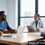 Home 21 정보 큐레이션의 협력적 접근 - A diverse group of professionals including doctors, nutritionists, and patients sitting around a mod...