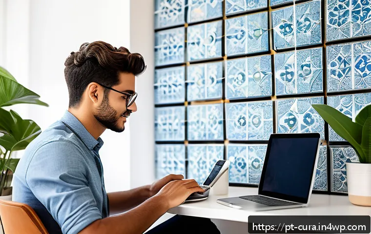 정보 큐레이션을 위한 효과적인 검색 기술 - A modern home office scene showing a young adult Portuguese professional sitting at a sleek desk wit...