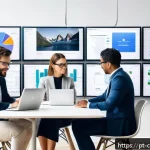 Home 18 정보 큐레이션의 단계별 접근법 - A modern digital workspace scene featuring a diverse group of young professionals organizing informa...